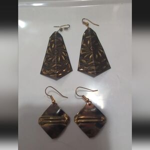 Black and Gold Floral Pattern Drop Earrings Set - Women Jewelry